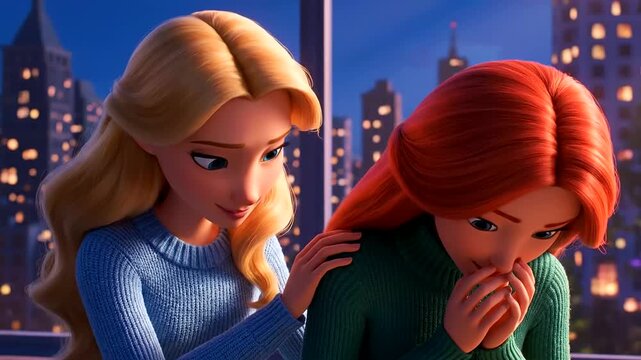Empathy and Friendship: Animated Woman Comforting Her Upset Friend, Promoting Mental Health Awareness and Emotional Support in a Warm Urban Night Setting