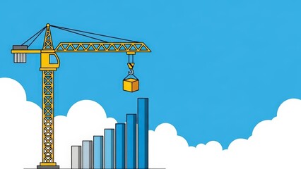 Construction crane building a bar graph, symbolizing growth and development.