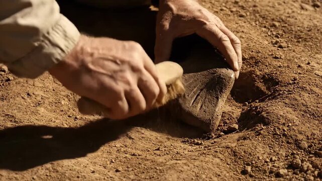 Archaeologist hands excavating ancient relic with precision tool