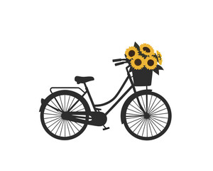 Charming vintage-style bicycle vector illustration featuring a front basket overflowing with bright yellow sunflowers, symbolizing summer joy, leisurely rides, and rustic outdoor adventures