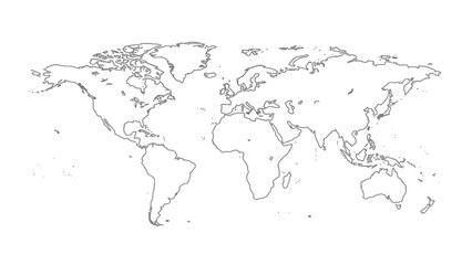 A black and white outline map of the world showing continents and countries with coastlines and international borders clearly delineated.