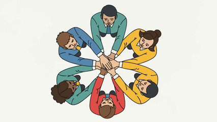 A diverse group of people in business attire are shown from a top-down perspective, forming a circle with their hands clasped together in the center, symbolizing unity and teamwork.