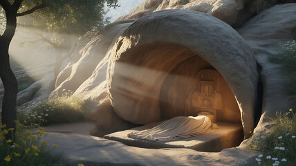 A stone cave tomb with an empty burial slab and folded cloth illuminated by golden sunlight
