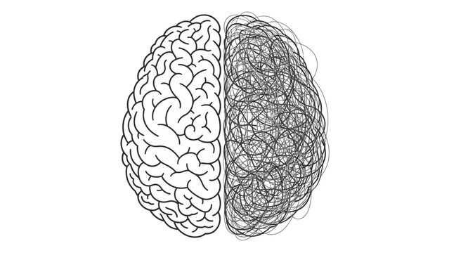 A visual representation of a human brain split in half, with one side depicted as organized and detailed, and the other as chaotic and scribbled.