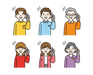 笑顔でスマホで通話する、様々な年代の男性と女性のベクターイラスト素材セット＿カラー	