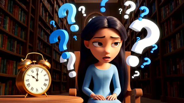 Animated young woman in a library, surrounded by question marks, symbolizing confusion and anxiety. A powerful image for Mental Health Awareness, stress, and academic pressure.