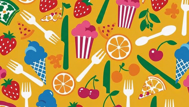 A vibrant, animated pattern of various food items and cutlery on a yellow background, creating a playful and appetizing visual.