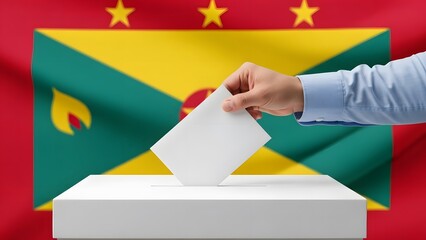 Fototapeta premium A hand casting a vote into a ballot box with the Grenada flag in the background, symbolizing elections and democracy.