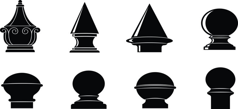 Set of black silhouettes of architectural post caps finials and fence toppers in various decorative shapes isolated on white background