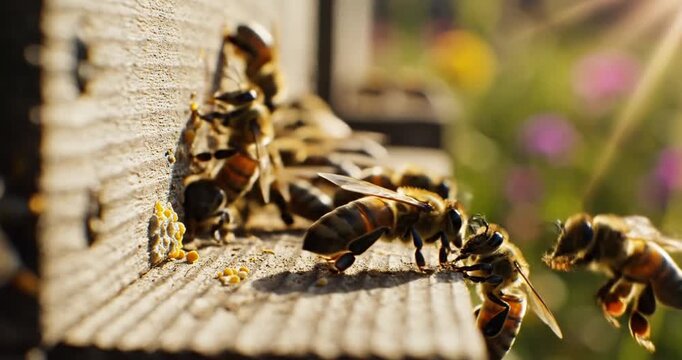 Close-up of bees buzzing around a wooden hive, surrounded by vibrant flowers in a sunny garden
