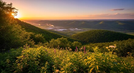 Sunset Over Industrial Hillside Viewpoint Capturing Nature's Beauty and Landscape Serenity