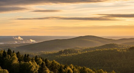 Industrial Hillside Viewpoint Overlooking Lush Green Landscape at Sunset