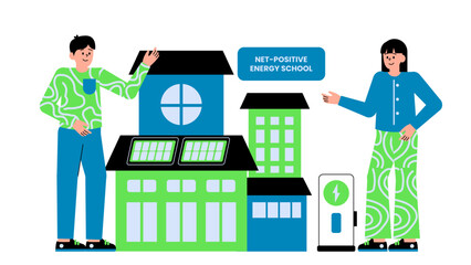 Flat vector illustration of a net-positive energy school generating more power than it consumes through renewable systems
