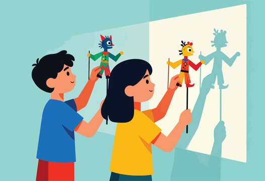 Two children create shadow puppets on a light-colored screen