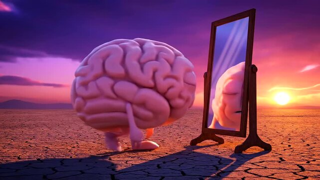 Cartoon Brain Facing Reflection in Mirror, Symbolizing Deep Self-Reflection and Inner Emotional Struggle for Mental Health Awareness.