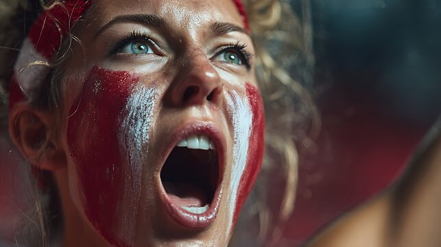 Close-up of a cheering woman with painted face, expression of joy and excitement