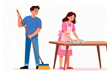 A man sweeps with a broom while a woman wipes a table