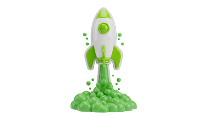 3D cartoon rocket launching with green bubble exhaust on transparent background