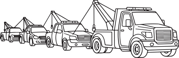 Vector images depicting the mechanical process of vehicle recovery using crane-style tow trucks © Sabit