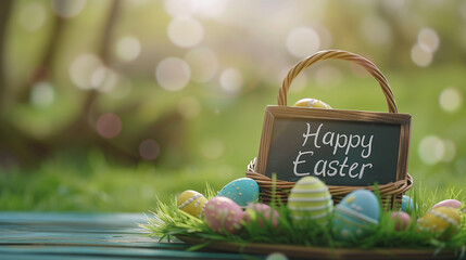  Vibrant easter basket with colorful eggs and happy easter sign on wooden table