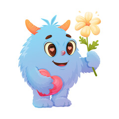 Fototapeta premium blue monster with flower, playful cartoon