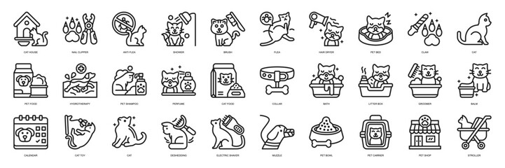 Cat Grooming line style. Containing Cat House, Nail Clipper, Anti Flea, Shower, Brush, Flea, grooming