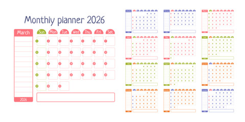 Colorful Monthly Planner Layout With Calendar Featuring Compact Month Grids, Pastel Icons, Habit Dots, Large