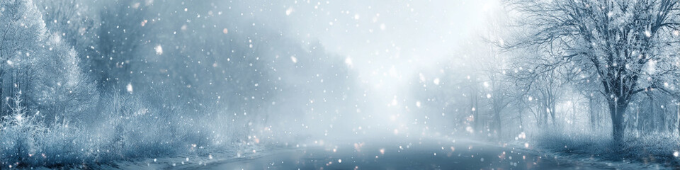 Dreamy Winter Panorama of a Frosty Path Through Snow Covered Trees with Soft Sunlight