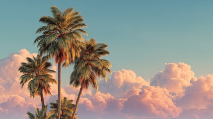 A serene landscape of palm trees against a vibrant blue sky with fluffy clouds