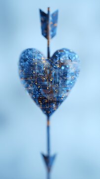 A futuristic heart-shaped design made of circuit patterns, pierced by an arrow, symbolizing the intersection of technology and emotion.