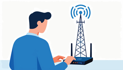 Person interacting with a router, connected to a transmission tower, conveying connectivity