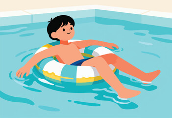 A happy child floats in a pool on a colorful ring