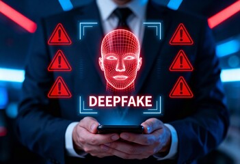 Deepfake Warning Concept with Facial Recognition Scan and Red Alert Symbols on Digital Display