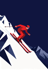 Skier in red suit rapidly descends a snow-covered mountain under a dark blue sky