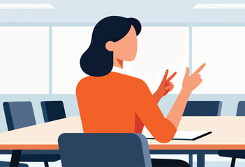 Woman gesturing with two fingers at a table in a meeting room