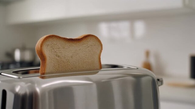 Modern kitchen toaster bread slice popping up breakfast morning routine clean interior domestic appliance cooking healthy lifestyle gourmet minimalist home design.