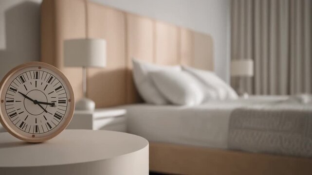 Modern bedroom alarm clock morning light bedside table comfort interior relaxation sleep home decoration domestic lifestyle peaceful atmosphere hotel room apartment.