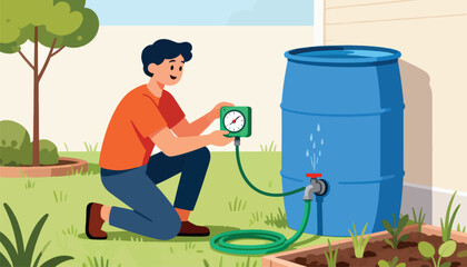 Man checks water level in barrel connected to garden hose for irrigation