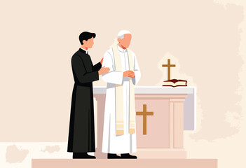 Clergy stand near an altar with a cross and open book
