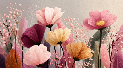 A vibrant floral arrangement with colorful flowers and delicate petals in a textured background