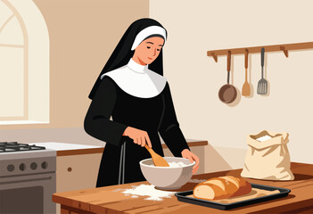 Nun mixing ingredients in a kitchen with a loaf of bread
