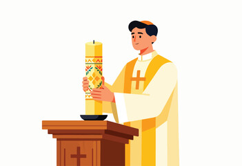 Cleric in vestments holds a decorated candle on a wooden stand