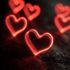 Obraz premium A collection of glowing red hearts on a dark surface, creating a romantic and warm atmosphere.