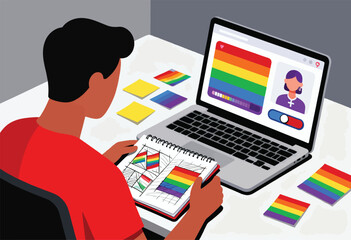 Person sketching rainbow flags on paper with a laptop displaying similar imagery