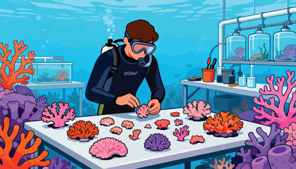 Diver examining colorful corals in a research lab setting