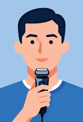 Man with short dark hair grooming his beard with an electric shaver