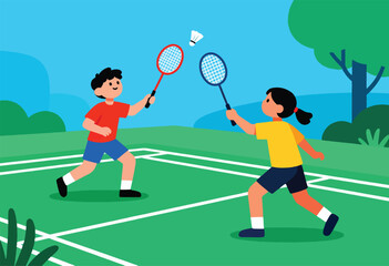 Two children playing badminton on a court with trees and blue sky