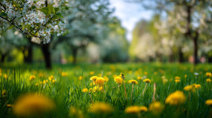 Obraz premium Sunny orchard with yellow dandelions in green grass under white blossoming fruit trees in springtime