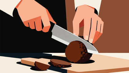 Hands slicing a dark, textured truffle on a wooden board with a knife