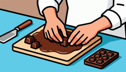 Hands shaping chocolate pieces on a wooden board with melted chocolate